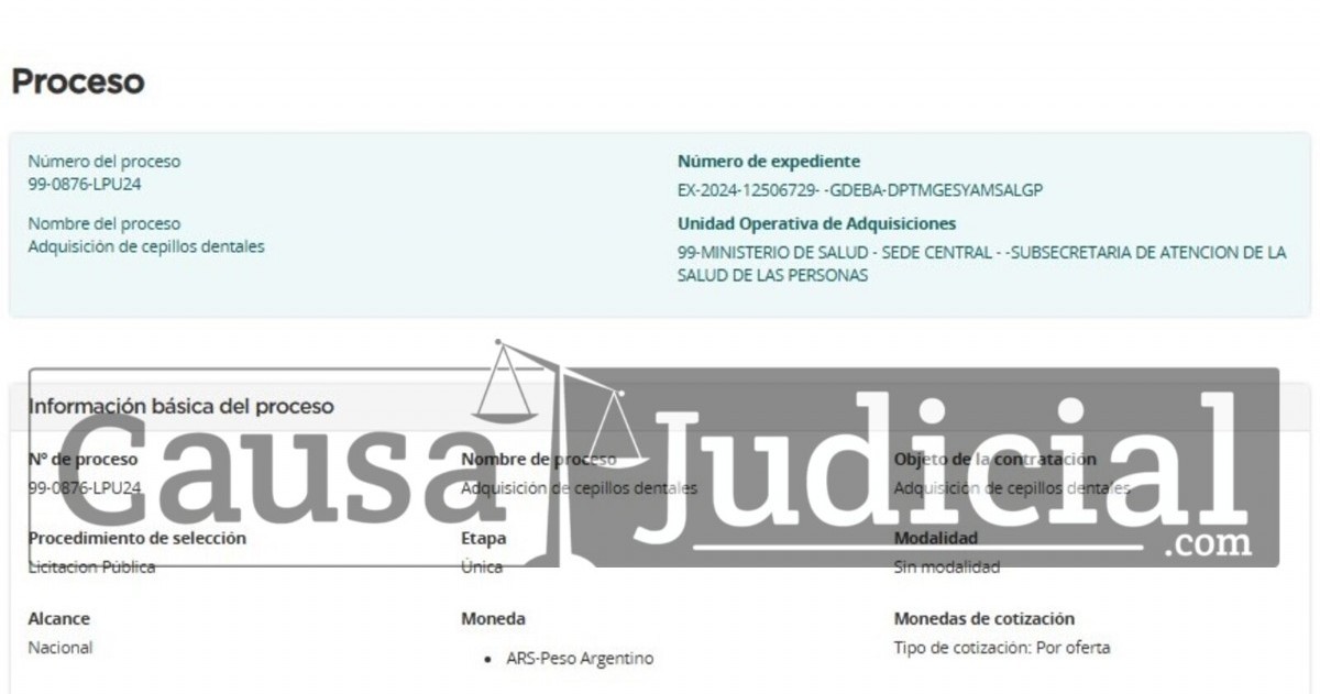 Este proceso, identificado con el número 99-0876-LPU24, tiene como objetivo la compra de 150 mil unidades de cepillos dentales. (Foto: Causa Judicial)