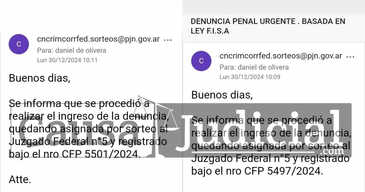 Correos sobre presentación de denuncias en la Justicia Federal. (Foto: Causa Judicial)