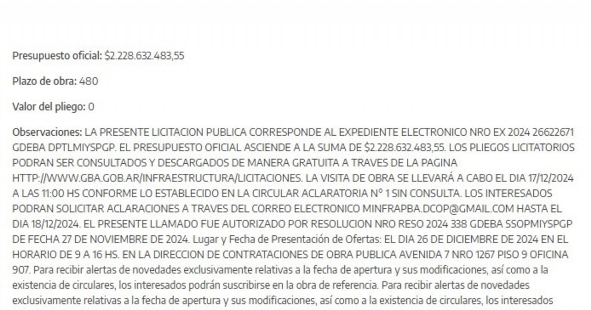 La millonaria obra, que tendrá un presupuesto oficial de 2.228.632.483,55 pesos.