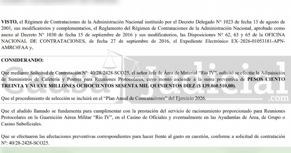 La gestión de Carlos Presti avanzó con una contratación millonaria para abastecer reuniones protocolares militares